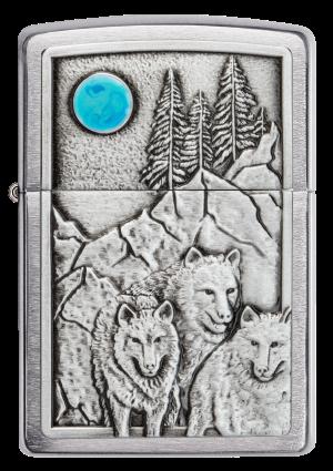 Zippo Brushed Chrome, Wolf Pack and Moon Emblem Design (49295)